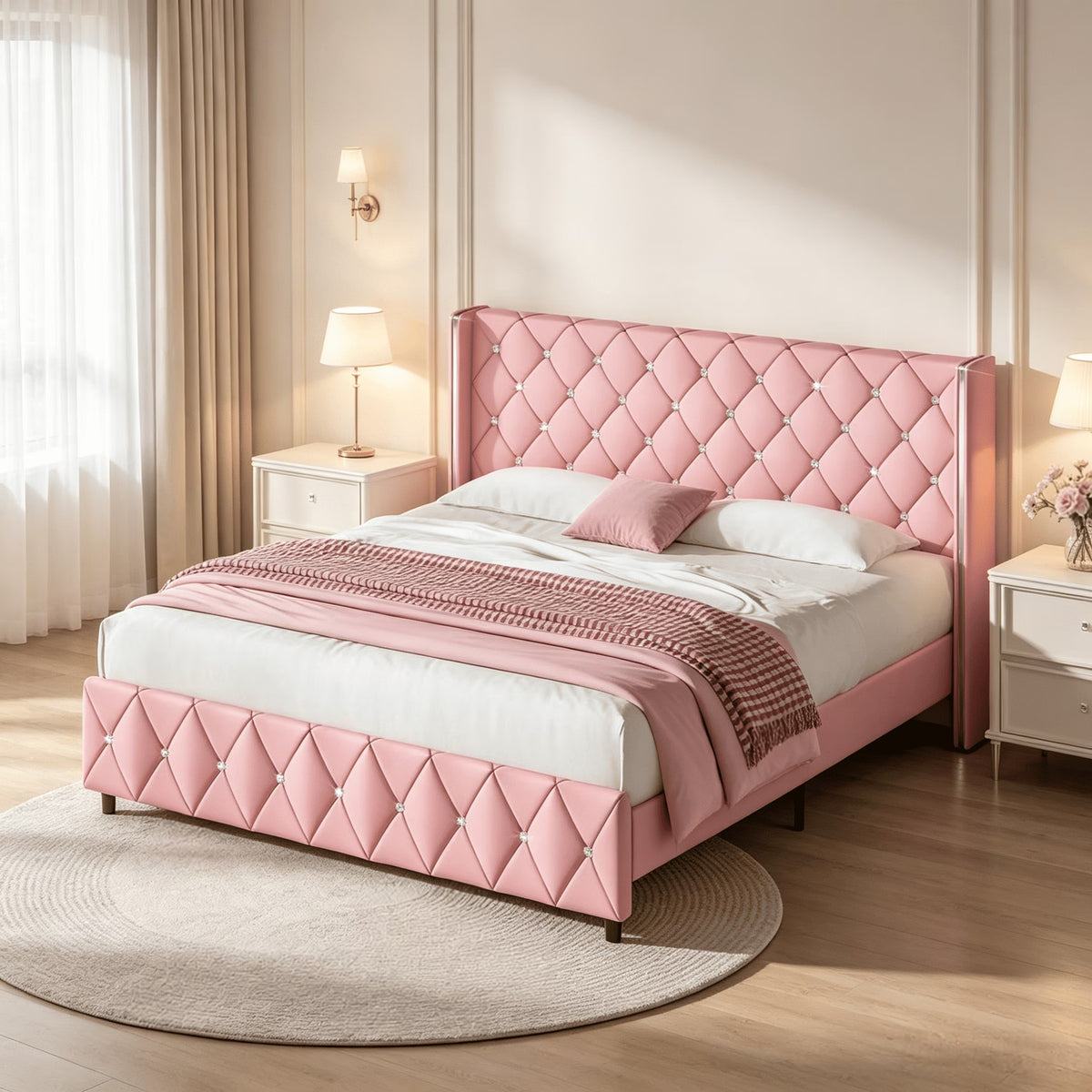 DreamCurship King Size Bed Frame, Pink King Bed Frame with Headboard and Footboard, Modern Upholstered Bed Frame, Pink