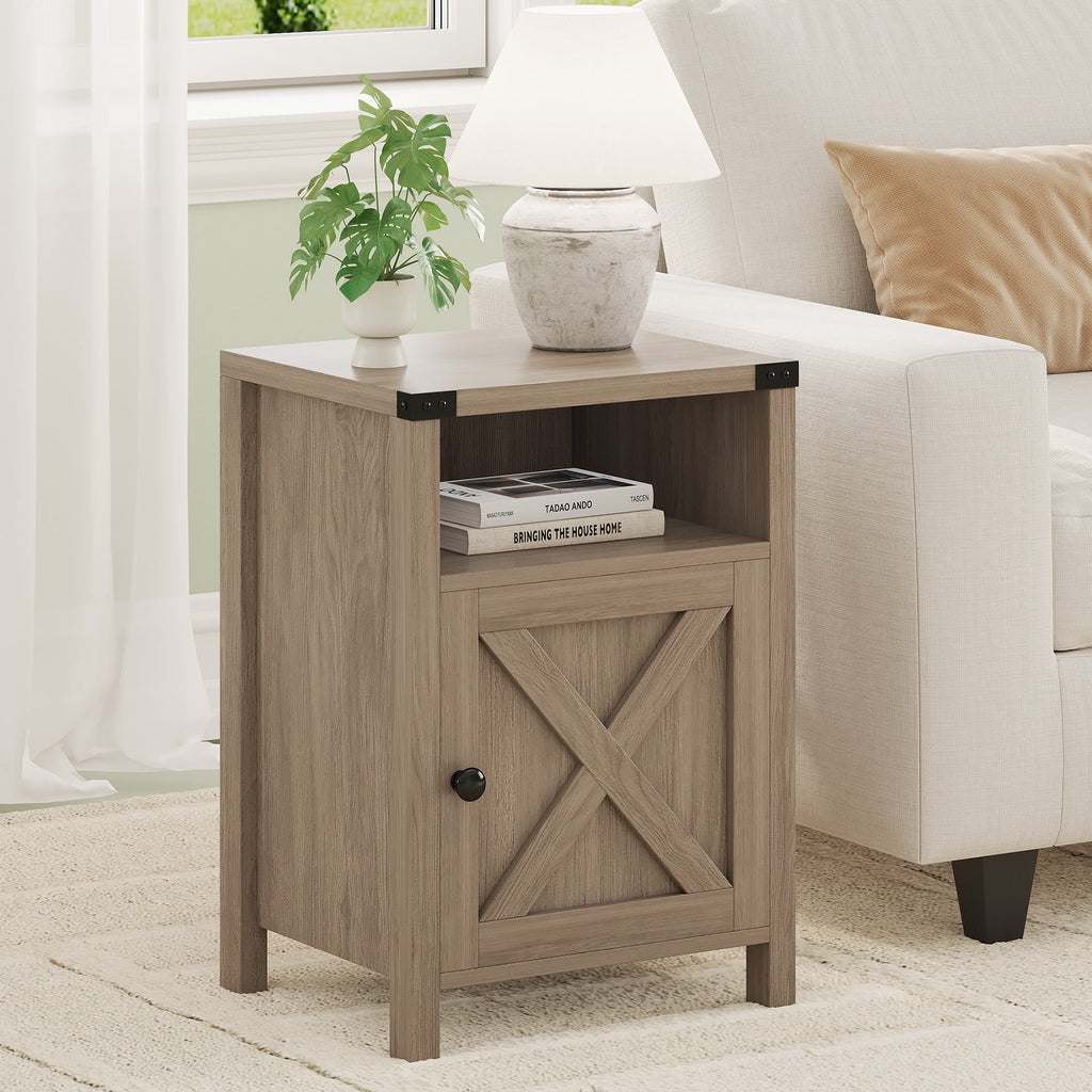 4 EVER WINNER Farmhouse 2-Pack Barn Door Side Tables, Rustic Gray Storage End Tables, Stylish Bedside Tables for Bedroom & Living Room