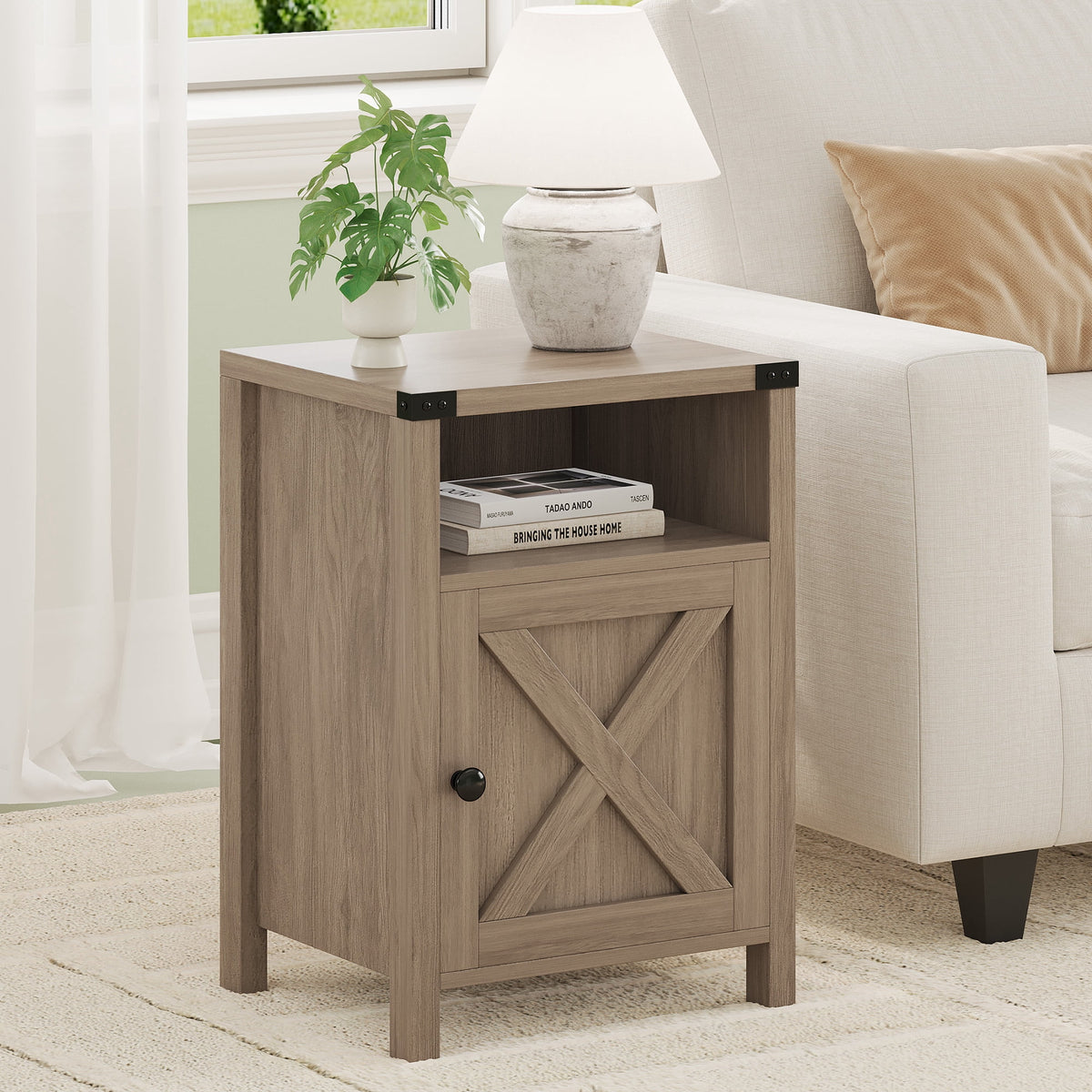 4 EVER WINNER Farmhouse 2-Pack Barn Door Side Tables, Rustic Gray Storage End Tables, Stylish Bedside Tables for Bedroom & Living Room
