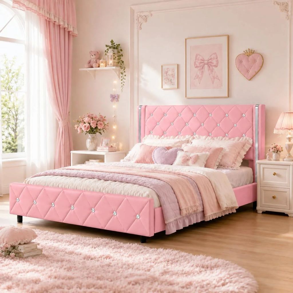 DreamCurship Full Size Bed Frame, Pink Bed Frame with Headboard and Footboard, Modern Upholstered Bed Frame, Pink