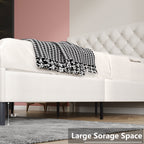 4 Ever Winner Queen Size Bed Frame, Upholstered Platform Bed with Headboard, Button Tufted Headboard, White