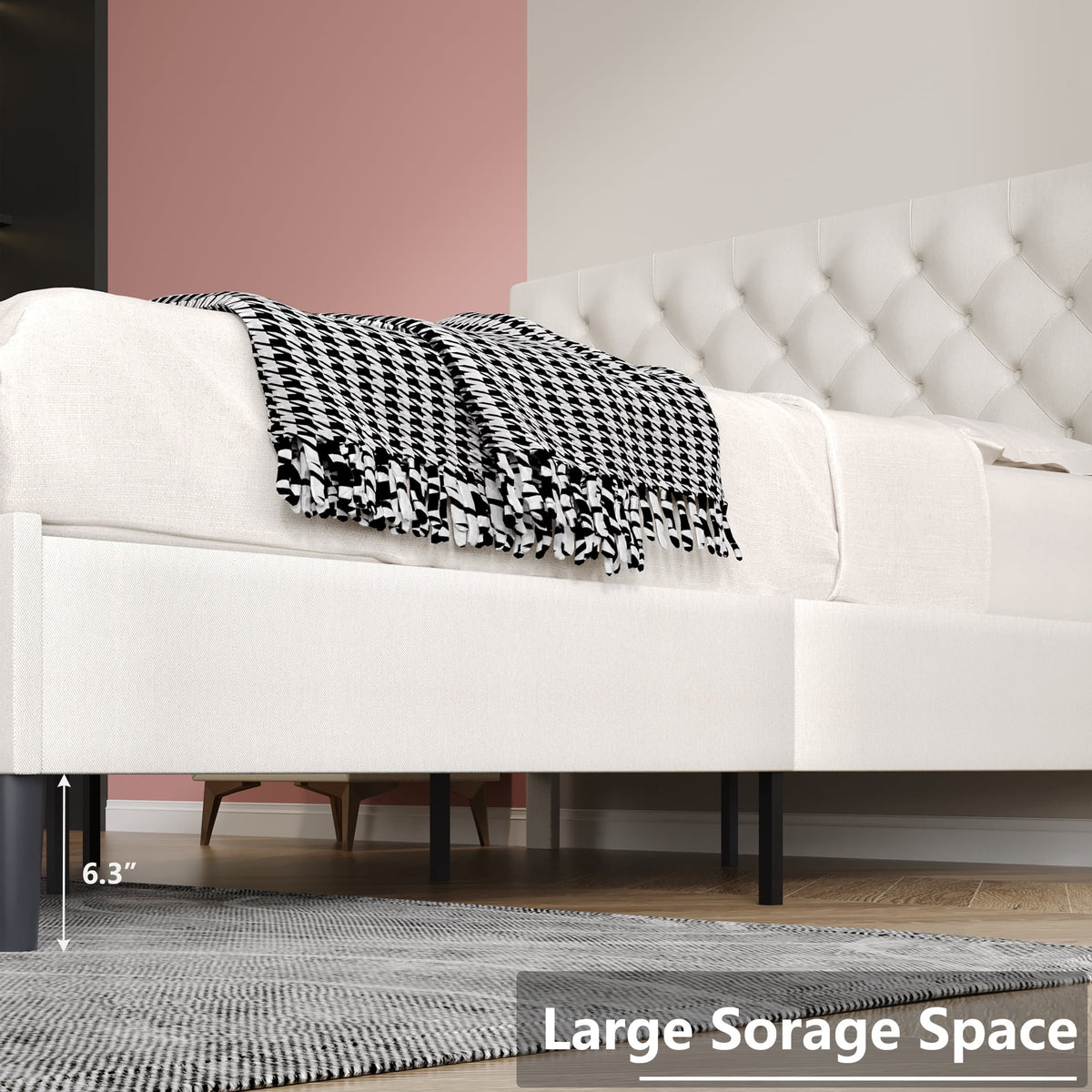 4 Ever Winner Queen Size Bed Frame, Upholstered Platform Bed with Headboard, Button Tufted Headboard, White