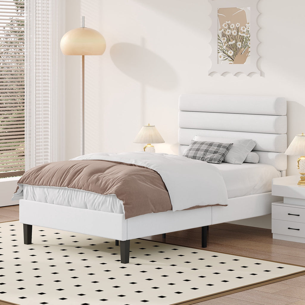 4 Ever Winner Twin Size Platform Bed Frame with Velvet Upholstered Headboard and Wooden Slats Support, Fully Upholstered Mattress Foundation, Noise-Free, No Box Spring Needed, Easy Assembly, White