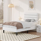 4 Ever Winner Twin Size Platform Bed Frame with Velvet Upholstered Headboard and Wooden Slats Support, Fully Upholstered Mattress Foundation, Noise-Free, No Box Spring Needed, Easy Assembly, White