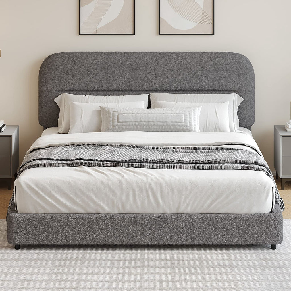 4 Ever Winner Queen Size Boucle Bed Frame with Headboard, Upholstered Platform Bed with Wood Slats, Soft Rounded Corners, No Box Spring Required, Non-Slip and Noise-Free, Easy Assembly, Grey