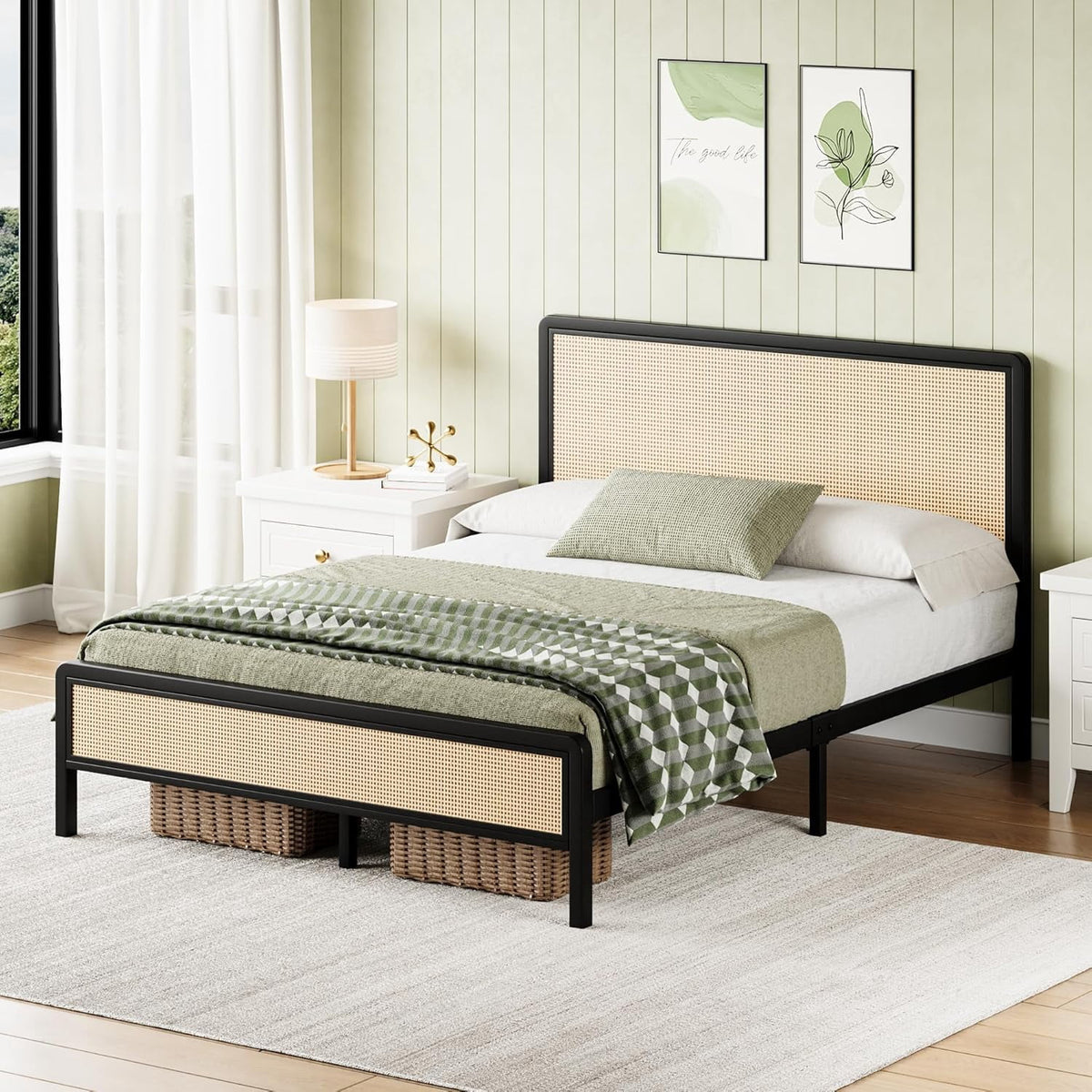 4 EVER WINNER Full Size Bed Frame, Rattan Bed Frame with Natural Rattan Headboard and Footboard, No Box Spring Needed, White