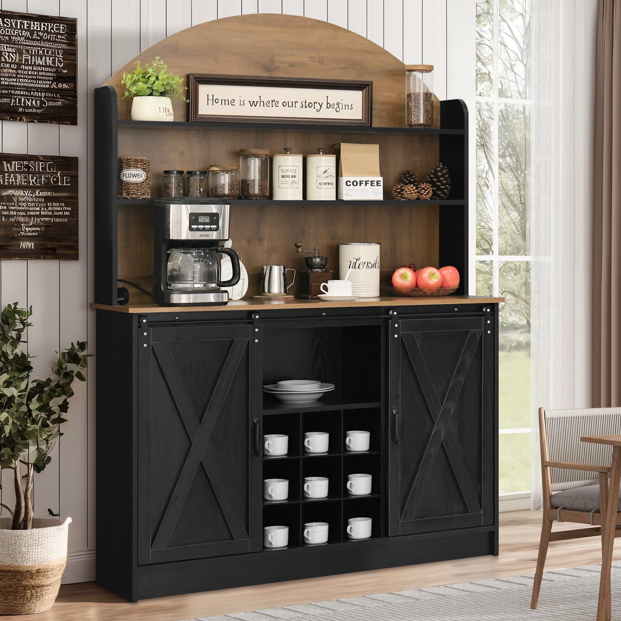 4 EVER WINNER Farmhouse Coffee Bar Cabinet, 67" Kitchen Hutch with 2-Tier Open Shelves, Coffee Bar with 9 Racks, Black