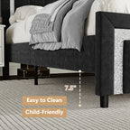 4 Ever Winner Full Bed Frame, Velvet Upholstered Bed Frame with Diamond Headboard, Black Full Size Bed Frame, Black
