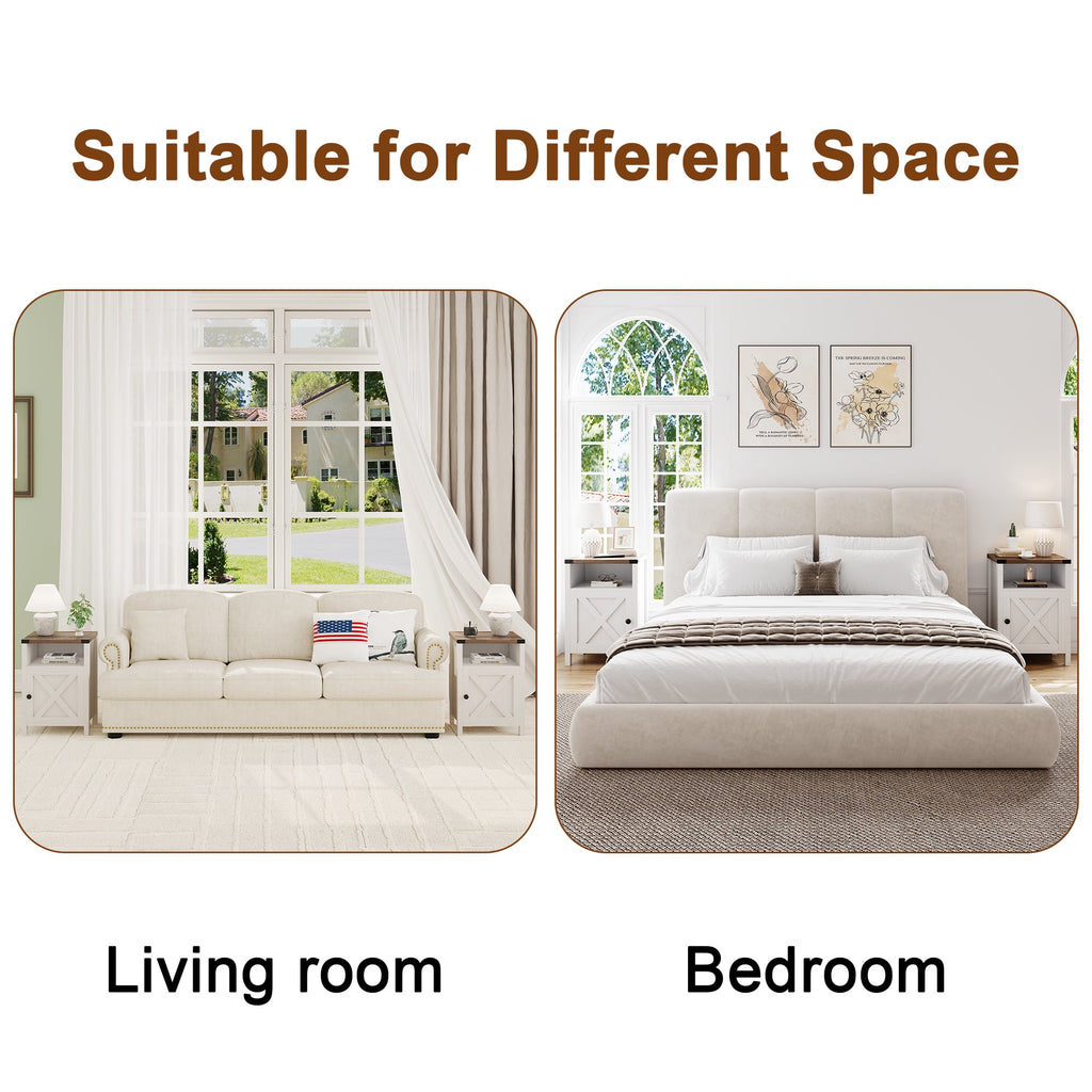4 EVER WINNER Farmhouse 2-Pack Barn Door Side Tables, Cream White Storage End Tables, Cozy Bedside Tables for Bedroom & Living Room