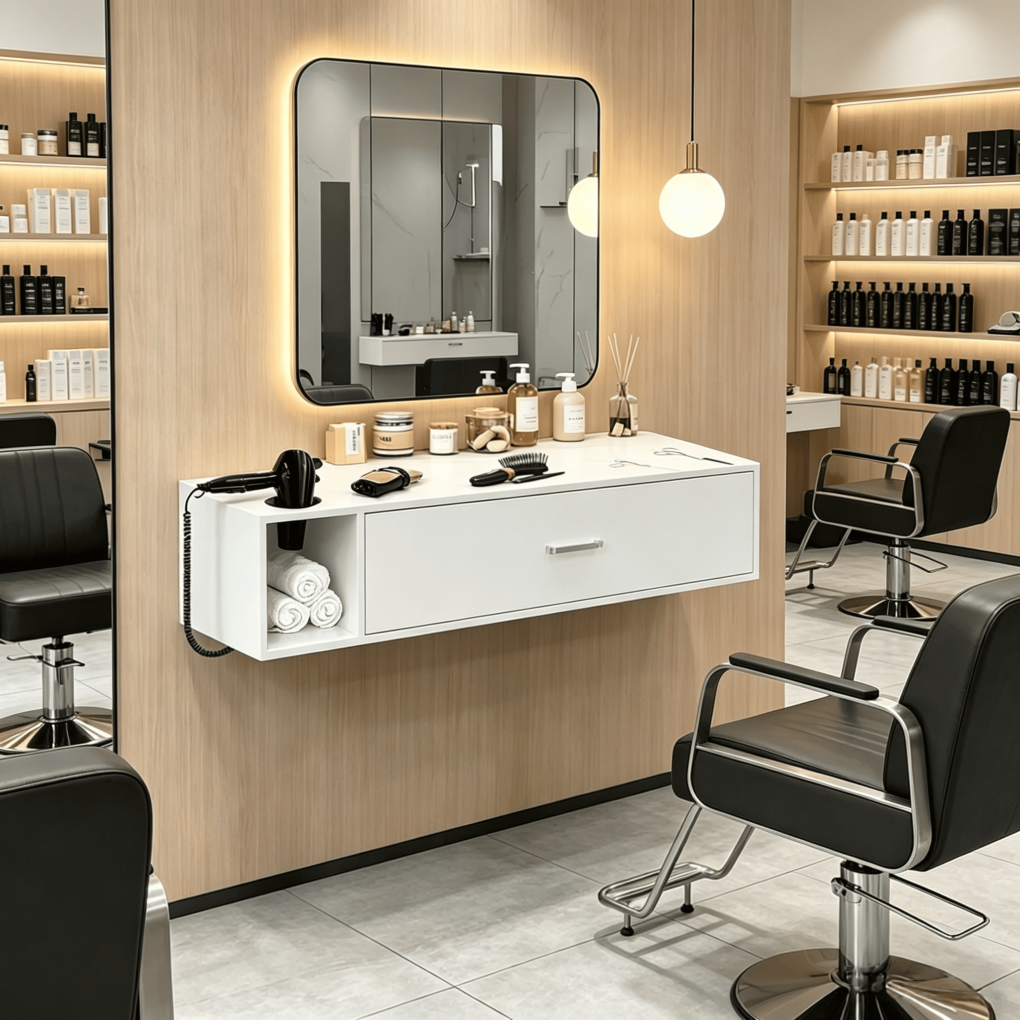4 EVER WINNER Wall Mount Salon Station for Hair Stylist, Salon Station with 3 Hair Dryer Holder, Barber Station for Beauty Spa Barbershop, White