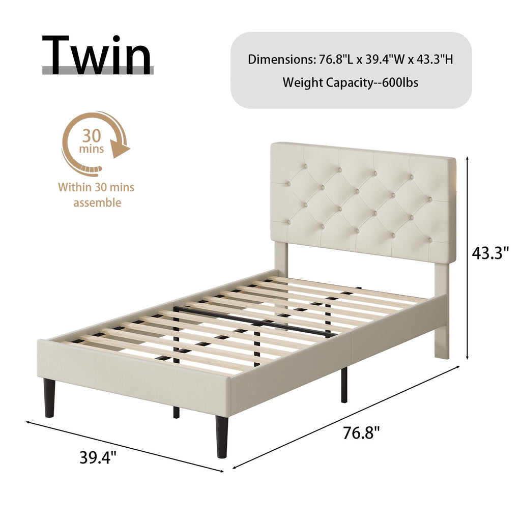 4 EVER WINNER Twin Size Upholstered Platform Bed Frame with Headboard, Cream