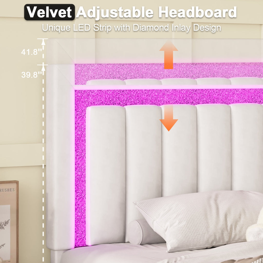 4 EVER WINNER King Size LED Bed Frame,Velvet Upholstered with Striped & Diamond Studded Headboard & Footboard, Quiet Stable Structure, No Box Spring Required¡ê?White