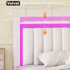 4 EVER WINNER King Size LED Bed Frame,Velvet Upholstered with Striped & Diamond Studded Headboard & Footboard, Quiet Stable Structure, No Box Spring Required¡ê?White