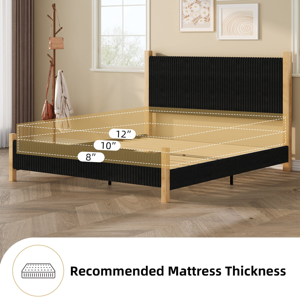 4 EVER WINNER Queen Size Corduroy Upholstered Bed Frame with Vertical Channel Design Headboard, Wooden Legs Platform Bed, No Box Spring Needed, Sturdy Noise-Free Structure, Easy Assembly, Black