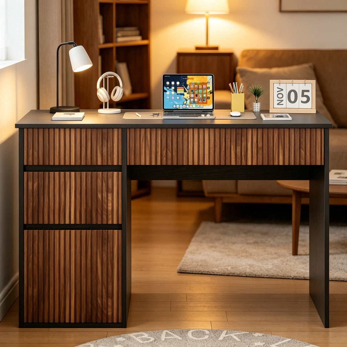 DreamCurship 48 inch Computer Desk with 4 Storage Drawers, Home Office Desks with Hidden Handle, Wooden Desk for Small Spaces, Black