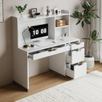 DreamCurship Computer Desk with Hutch,  White Desk with 4 Drawers and Storage Shelves, Home Office Desk with Bookshelf,  White