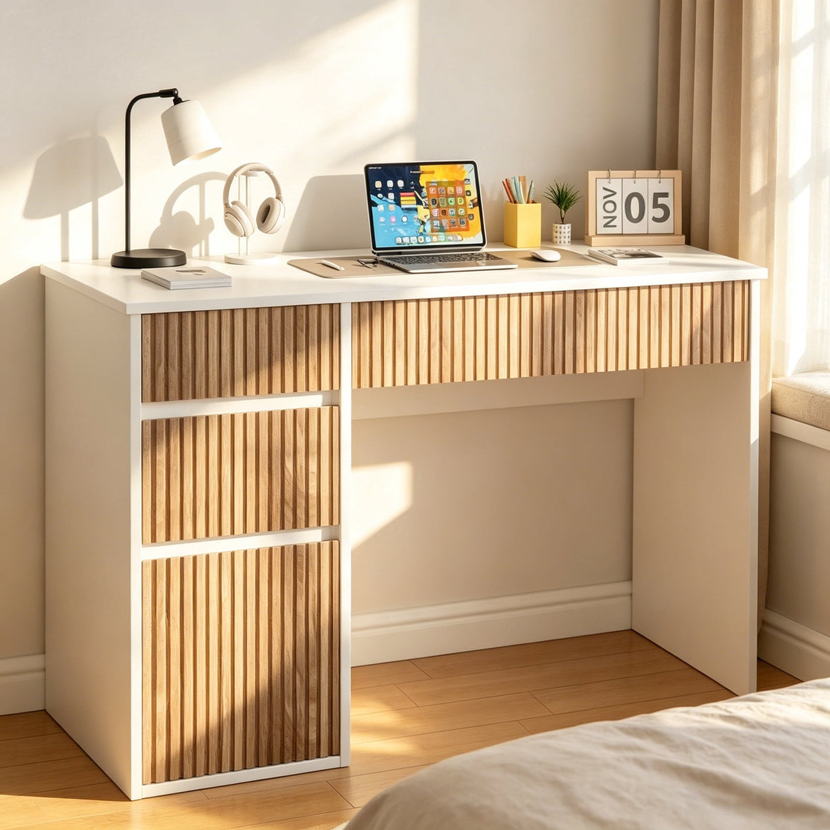 DreamCurship White Desk with 4 Drawers, 48 inch Computer Desk with Storage, Home Office Desks with Hidden Handle, White and Walnut