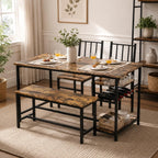 Catrimown Dining Table Set for 4 with Bench, 55 Inch Kitchen Set with Wine Rack, Glass Holder & Storage Shelves, Space Saving Dining Furniture for Home Apartment, Rustic Brown