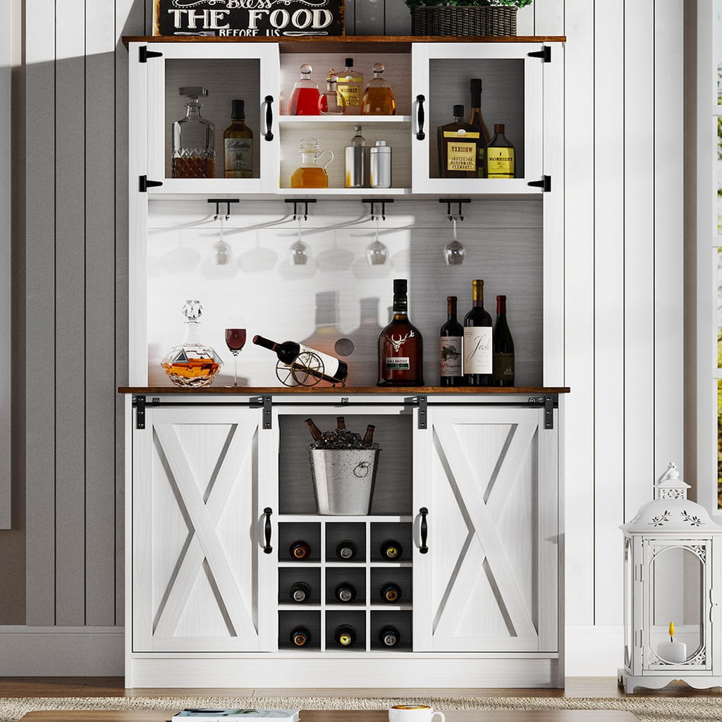 DreamCurship 72" Kitchen Pantry Cabinet with Microwave Stand, Freestanding Cupboard Storage Cabinet, Tall Buffet Cabinet with Hutch, Stemware Rack & Adjustable Shelves, White