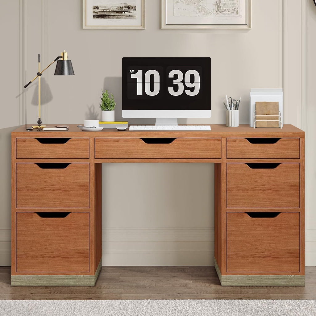 DreamCurship 55 inch Computer Desk with 7 Drawers, Executive Office Desk with Storage, Home Office Desk for Work Study Writing, Brown