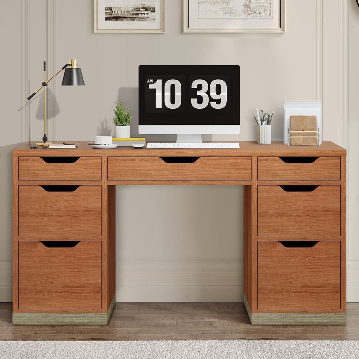 DreamCurship 55 inch Computer Desk with 7 Drawers, Executive Office Desk with Storage, Home Office Desk for Work Study Writing, Brown