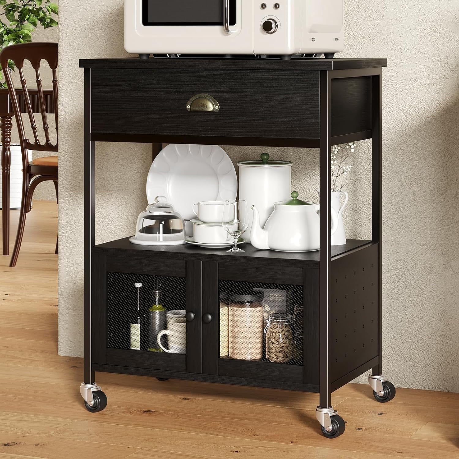 4 EVER WINNER Coffee Cart, Coffee Bar Microwave Cart with Storage, Coffee Cart Station,Standing£¬ Black