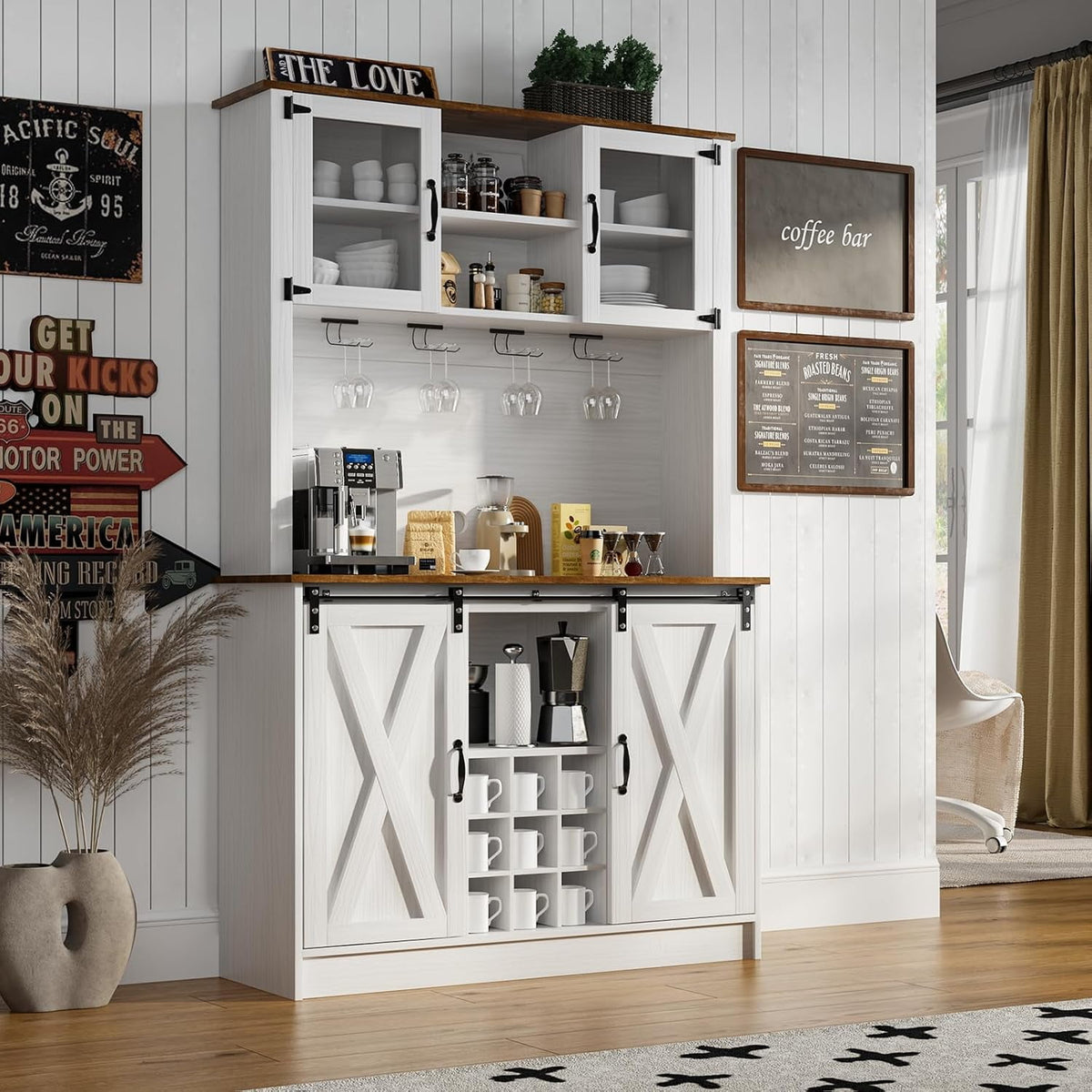 DreamCurship 72" Kitchen Pantry Cabinet with Microwave Stand, Freestanding Cupboard Storage Cabinet, Tall Buffet Cabinet with Hutch, Stemware Rack & Adjustable Shelves, White