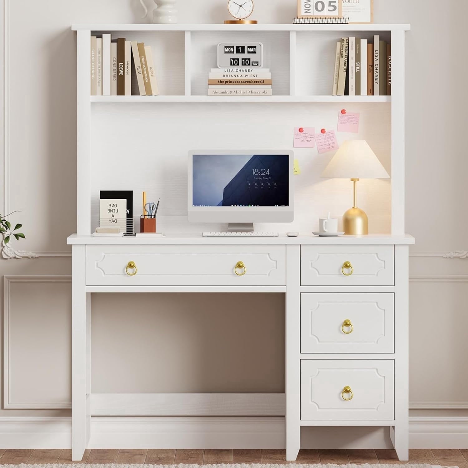 4 EVER WINNER 47 Inch White & Gold Desk with Hutch, Modern Computer Vanity Desk with 4 Drawers & Golden Handles, Multifunctional Study Writing Desk for Girls Bedroom & Home Office