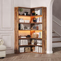 4 EVER WINNER Corner Bookshelf L-Shaped Industrial 6 Tier with LED Light 71 Inch Tall Rustic Brown