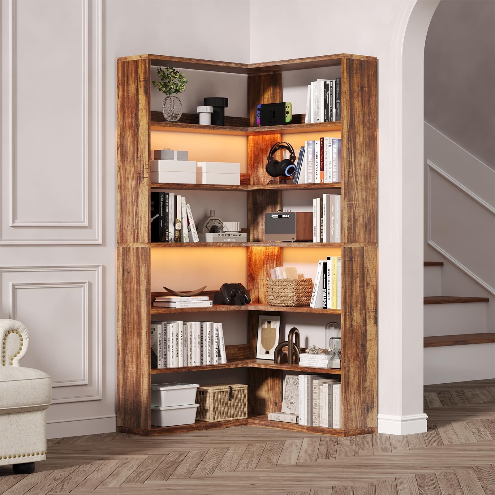 4 EVER WINNER Corner Bookshelf L-Shaped Industrial 6 Tier with LED Light 71 Inch Tall Rustic Brown