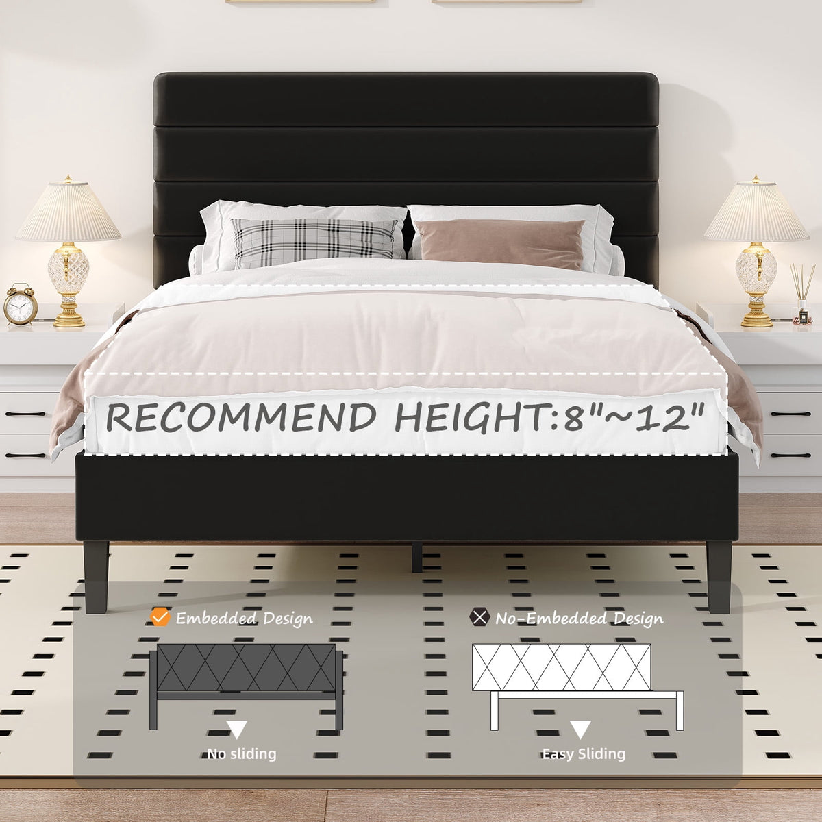 4 EVER WINNER Full Platform Bed Frame, Horizontal Stitched Black Velvet Headboard, Heavy-Duty Slat Support, Noise-Free Mattress Foundation, No Box Spring
