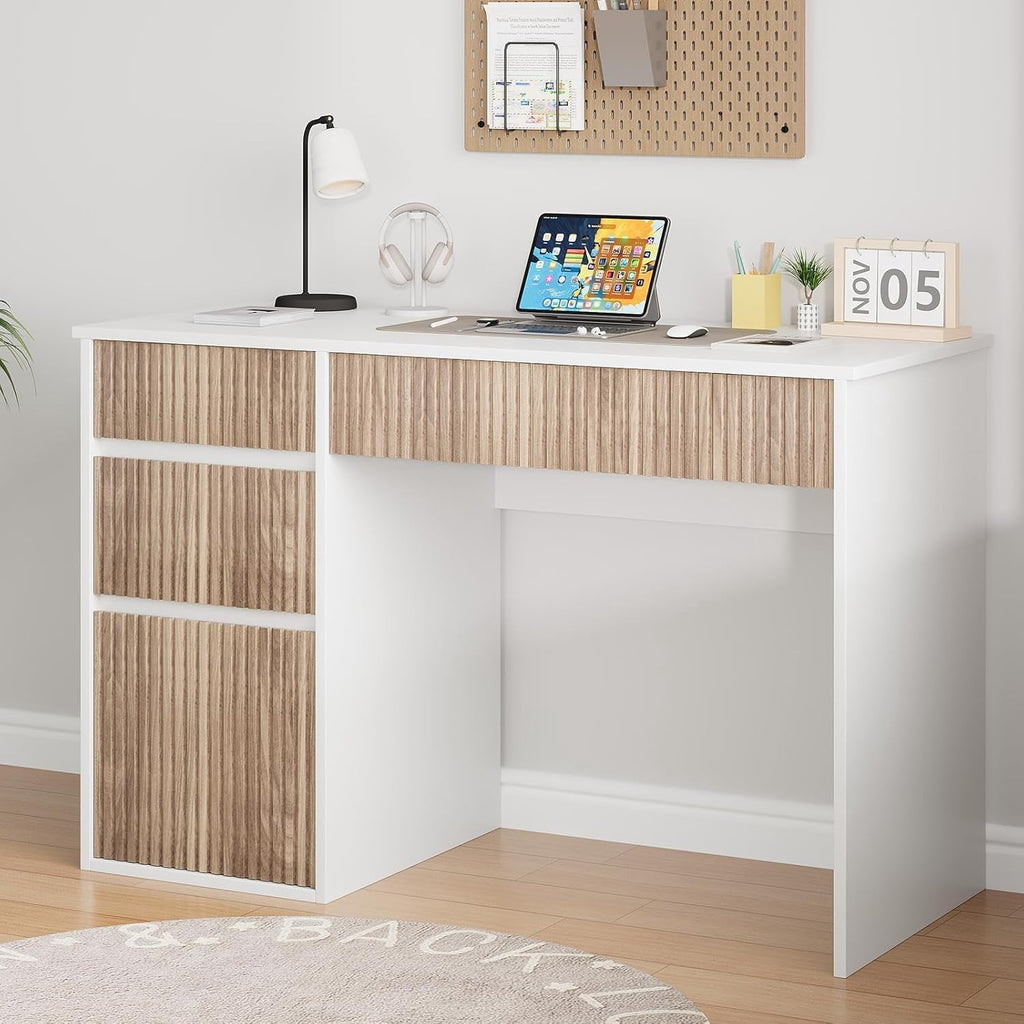 DreamCurship White Desk with 4 Drawers, 48 inch Computer Desk with Storage, Home Office Desks with Hidden Handle, White and Walnut
