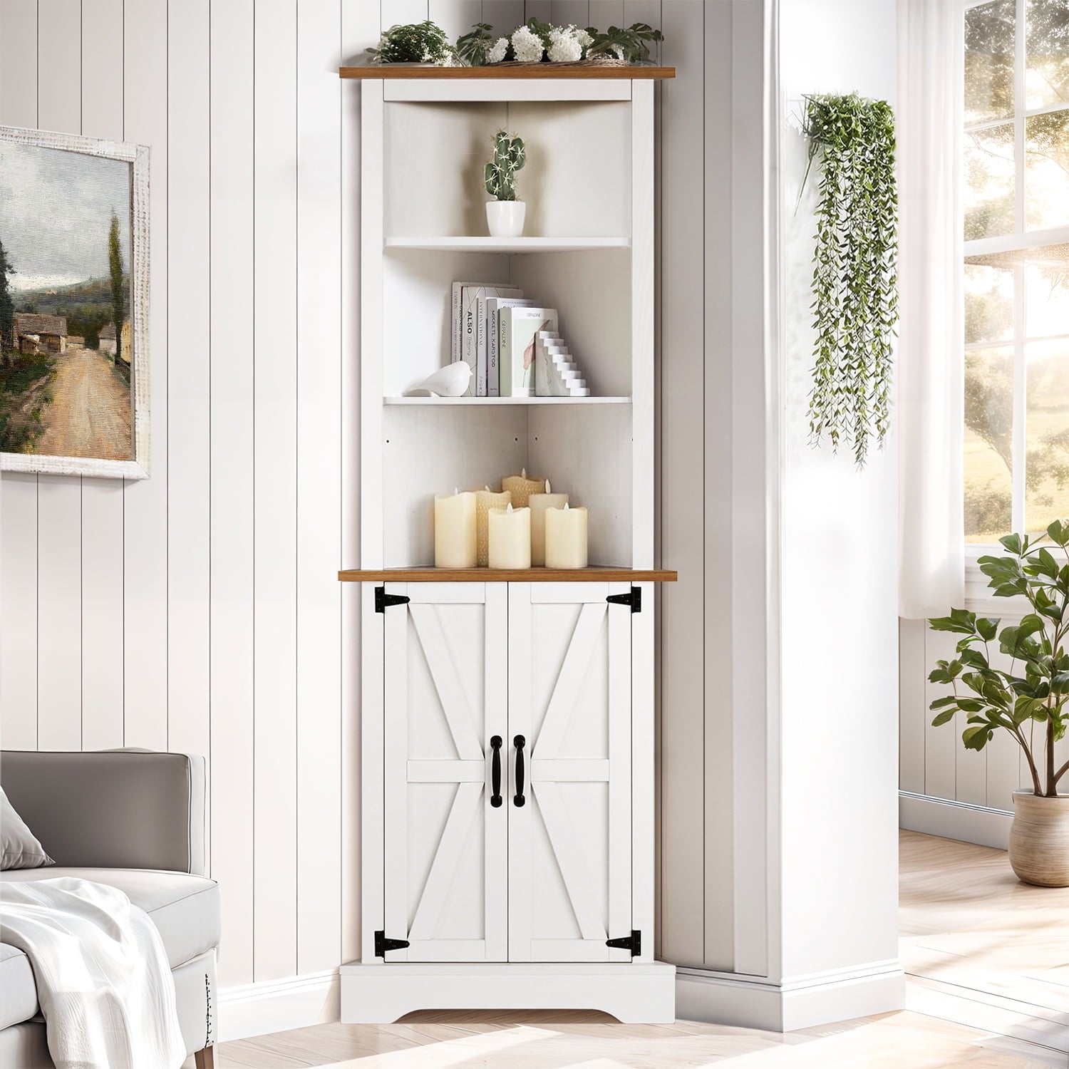 4 EVER WINNER Tall Farmhouse Free Standing Wood Corner Cabinet, White