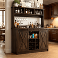 4 EVER WINNER 47 Inch Dark Oak Farmhouse Coffee Bar, sliding barn doors and 3 storage hutch, fitted with 6 hooks and 9 wine racks for kitchen and dining room