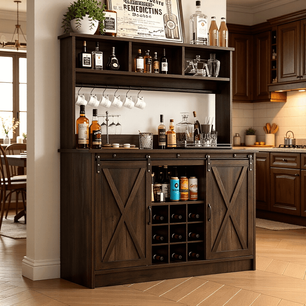 4 EVER WINNER 47 Inch Dark Oak Farmhouse Coffee Bar, sliding barn doors and 3 storage hutch, fitted with 6 hooks and 9 wine racks for kitchen and dining room