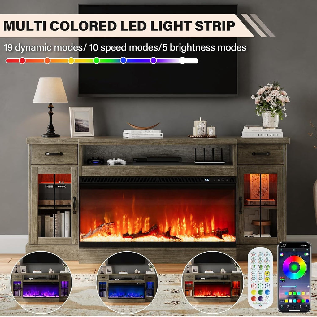 DreamCurship Fireplace TV Stand for TVs up to 80", Farmhouse TV Stand with Electric Fireplace, Glass Door Entertainment Center with Led Light, Media Console Table for Living Room, Gray