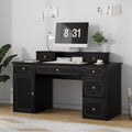4 EVER WINNER Black Computer Desk with 7 Drawers & Storage Cabinet, 54 Inch Modern Writing Study Workstation, Vanity Desk with Golden Handles, Multifunctional Furniture for Bedroom Home Office