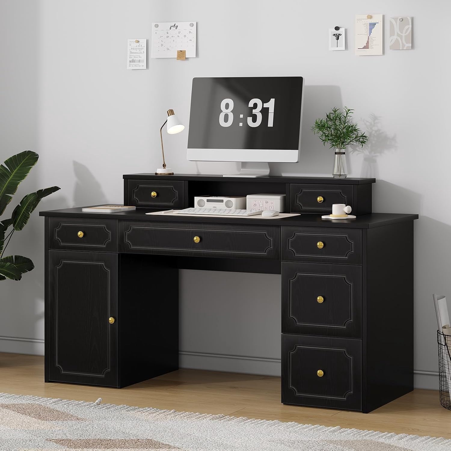 4 EVER WINNER Black Computer Desk with 7 Drawers & Storage Cabinet, 54 Inch Modern Writing Study Workstation, Vanity Desk with Golden Handles, Multifunctional Furniture for Bedroom Home Office