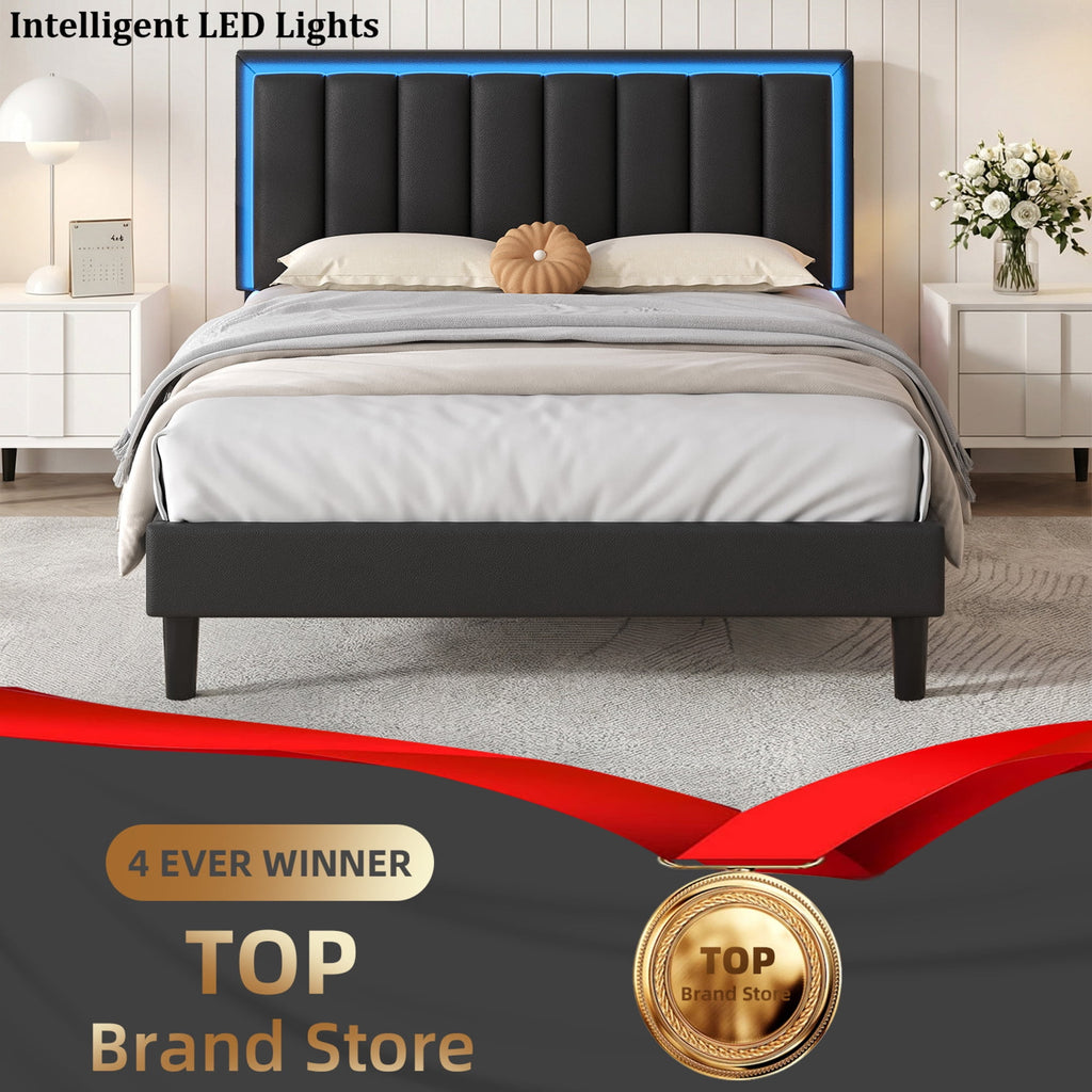 4 EVER WINNER Queen Black LED Upholstered Bed Frame, PU Soft Cushion Headboard, Stable Structure, No Box Spring Required, Quick Assembly for Home
