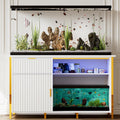 4 EVER WINNER 55-75 Gallon Fish Tank Stand with Power Outlet and Led Light, RGB Lighting Strip Ideal for Turtle Enclosure, Reptile Terrarium, White and Gold