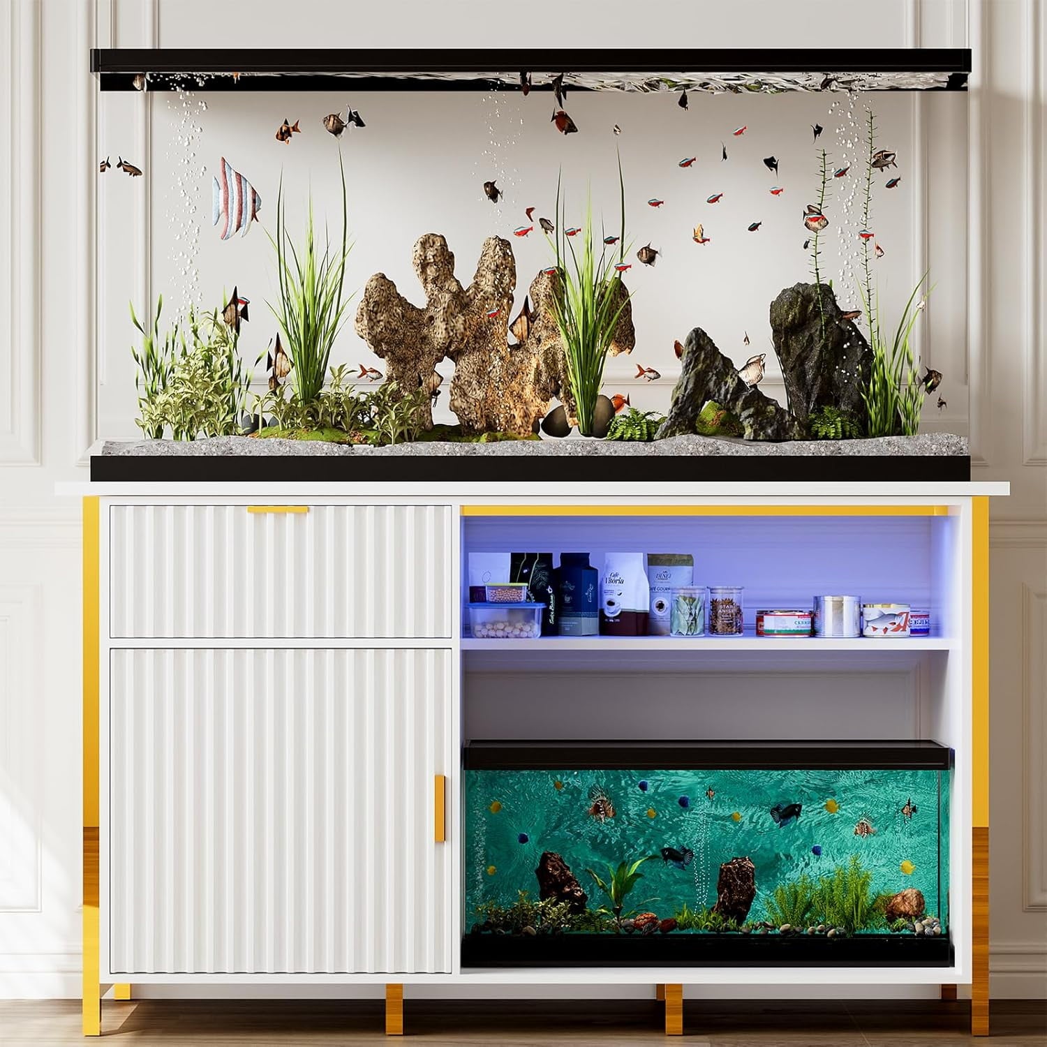 4 EVER WINNER 55-75 Gallon Fish Tank Stand with Power Outlet and Led Light, RGB Lighting Strip Ideal for Turtle Enclosure, Reptile Terrarium, White and Gold