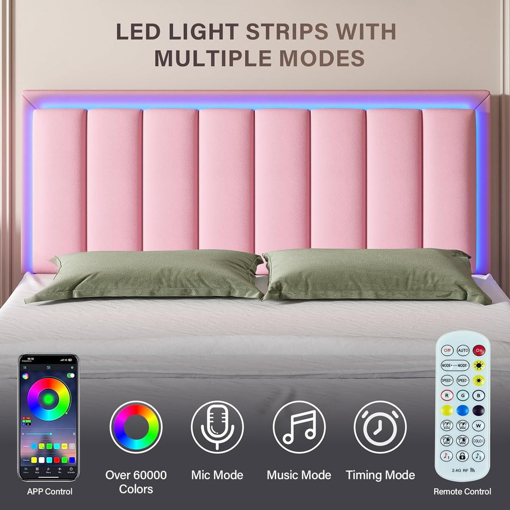 4 Ever Winner Full Size Foam and Leather Bed Frame with Durable LED Light Headboard, Pink