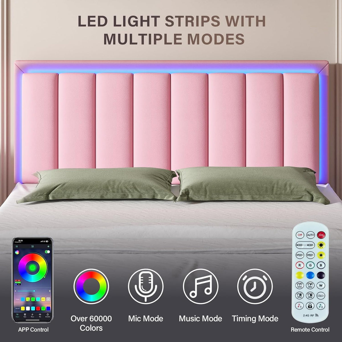 4 Ever Winner Full Size Foam and Leather Bed Frame with Durable LED Light Headboard, Pink