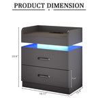4 Ever Winner Grey Night Stand with Charging Station,Wood Nightstand with 2 Drawers Modern Style, LED Lights Wooden End Tables with Metal Handle Bedside Table for Living Room Bedroom