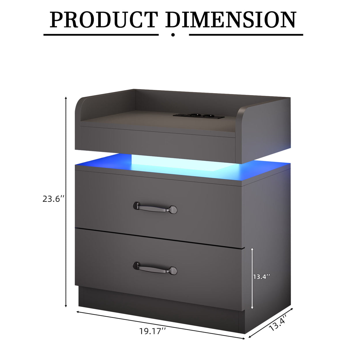 4 Ever Winner Grey Night Stand with Charging Station,Wood Nightstand with 2 Drawers Modern Style, LED Lights Wooden End Tables with Metal Handle Bedside Table for Living Room Bedroom