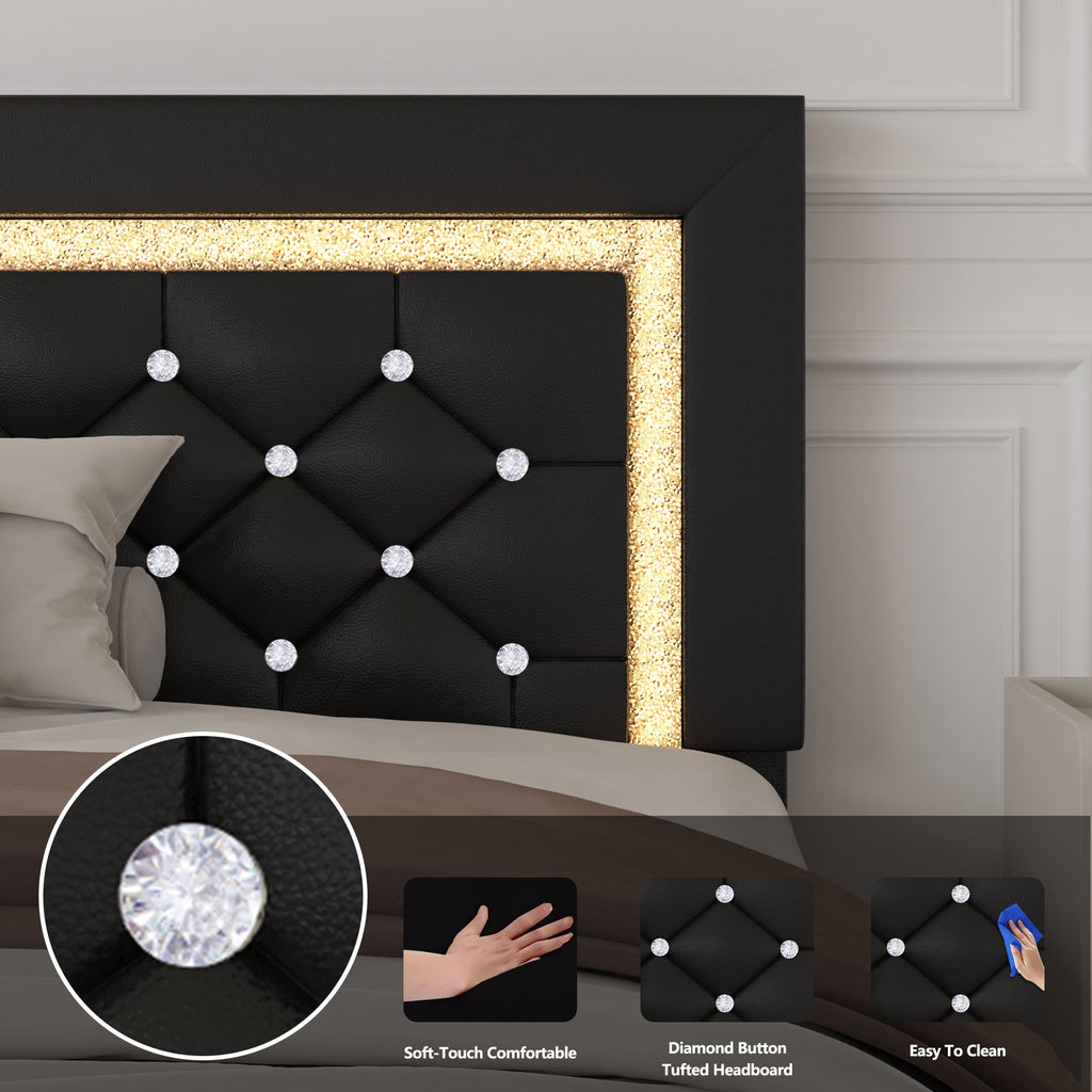 4 EVER WINNER Twin Size LED Bed Frame with Storage, Upholstered Platform Bed with 2 Drawers, Adjustable LED Lights Headboard, Black