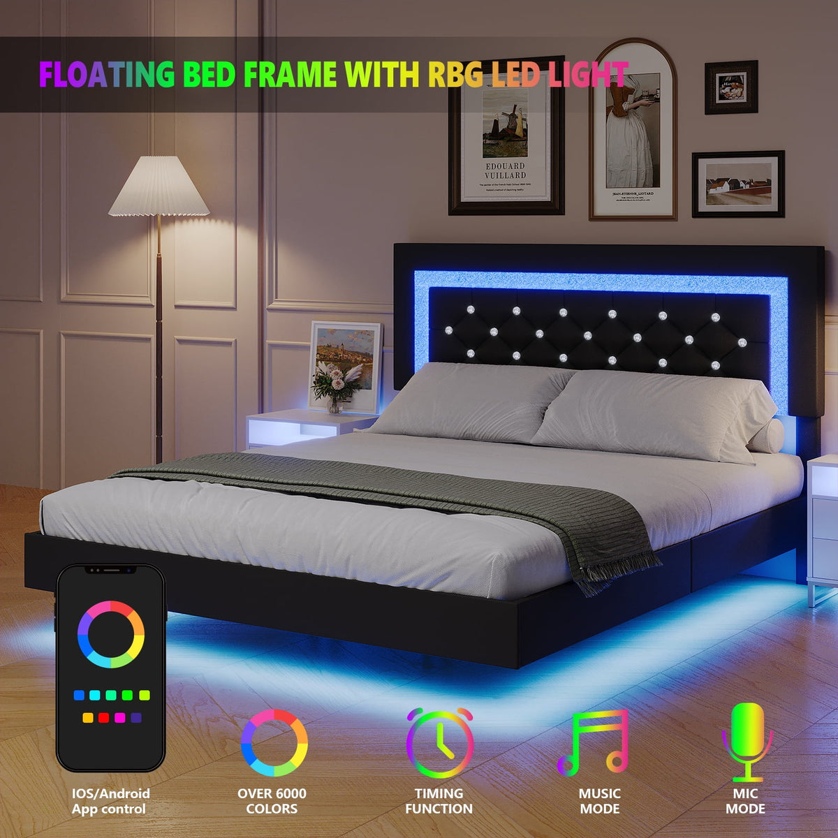 4 EVER WINNER King Size Floating Bed Frame with LED Lights, Upholstered Platform Bed Frame with Diamond Tufted Headboard, Black King Size Bed Frame, Black