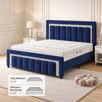 4 EVER WINNER Full Bed Frame with Headboard, Velvet Upholstered Platform Bed Frame Full Size with Diamond Headboard & Footboard, Wooden Slats Support, No Box Spring Required, Easy Assembly, Blue