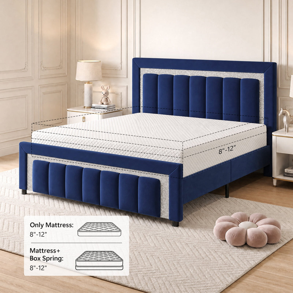 4 EVER WINNER Full Bed Frame with Headboard, Velvet Upholstered Platform Bed Frame Full Size with Diamond Headboard & Footboard, Wooden Slats Support, No Box Spring Required, Easy Assembly, Blue