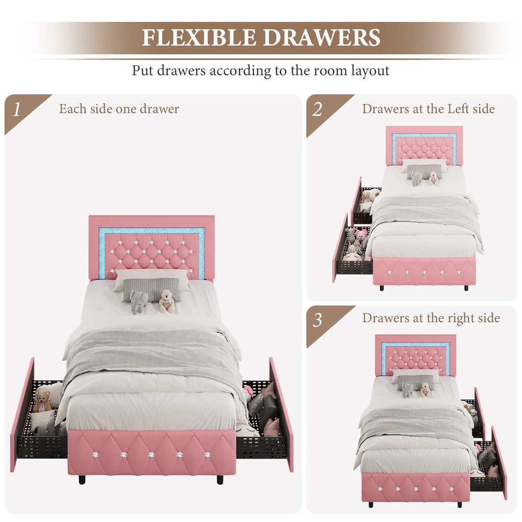 4 Ever Winner Twin Size LED Bed Frame with 2 drawers, Pink Twin Bed Frame with LED Light and Diamond Headboard, Modern Upholstered Bed Twin Size, Pink